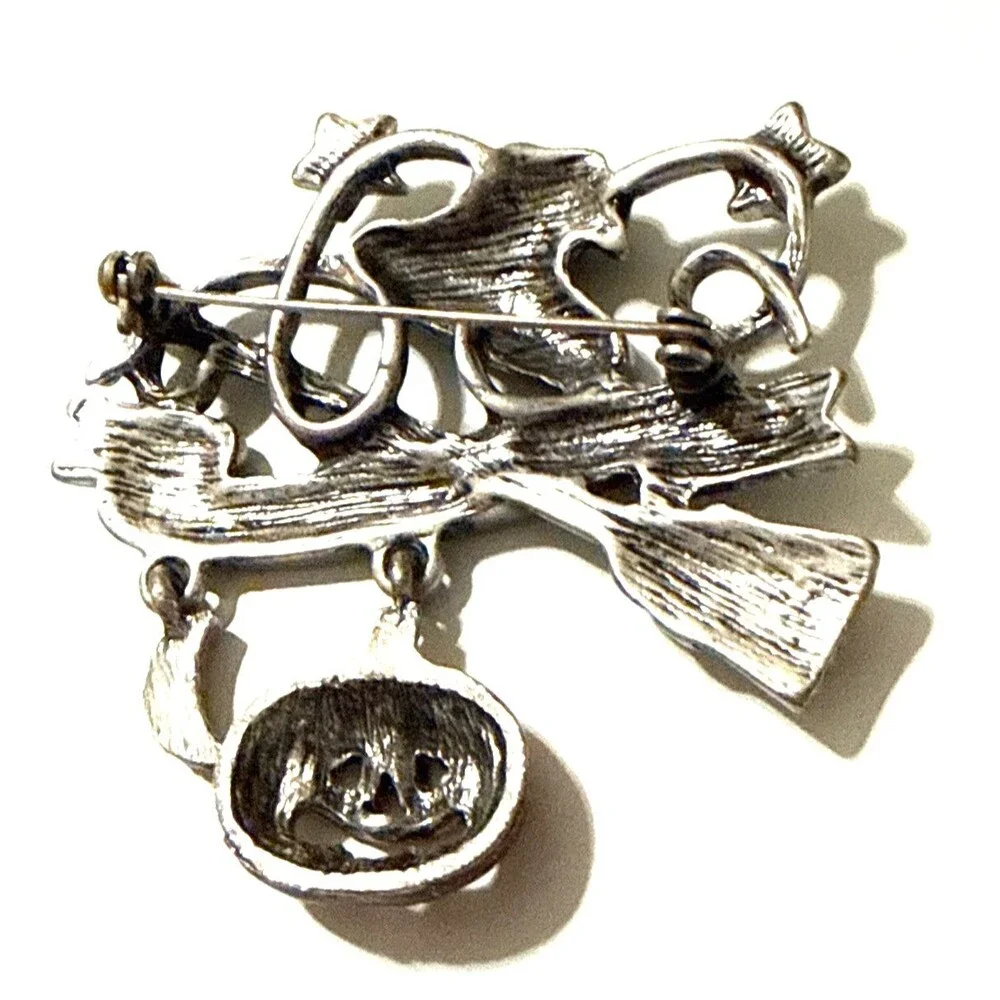 TRICK OR TREAT Pewter Tone Pin Brooch Witch Hat Broom Pumpkin Moon Dangle Charms